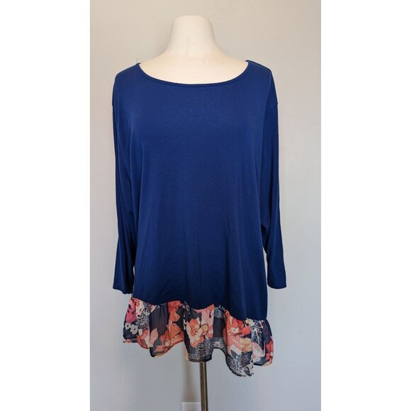 Blue Floral Print Tunic Top 2X New Directions Sheer Patterned Hemline - Picture 1 of 3